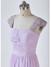 Lavender Beaded Cap Sleeves Chiffon Floor Length Prom Dress